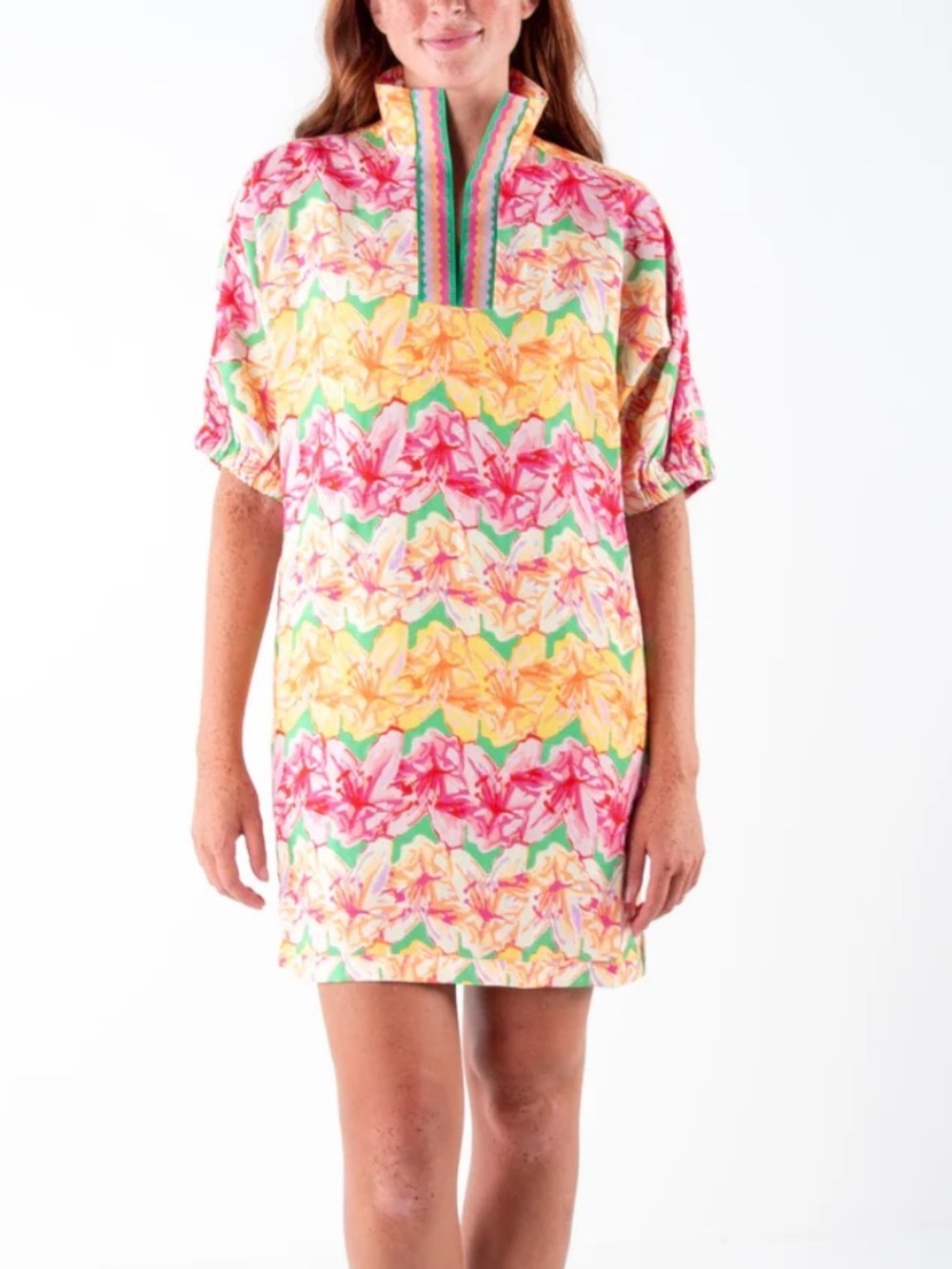EMILY MCCARTHY Pink/Green/Yellow Floral Azalea Mini Poppy Dress  XS